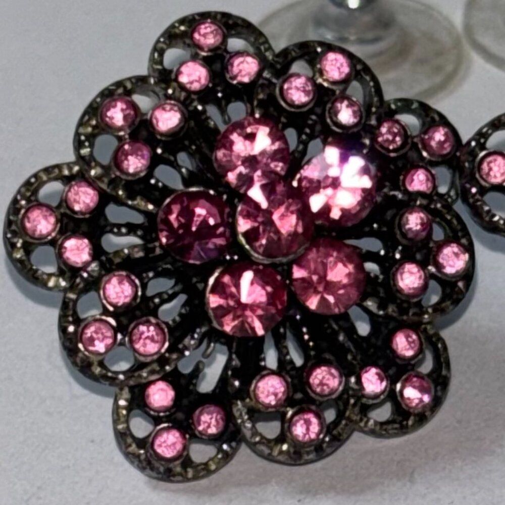 Pink Rhinestone Floral Stud Earrings | Antique Silver Tone | Glam Design